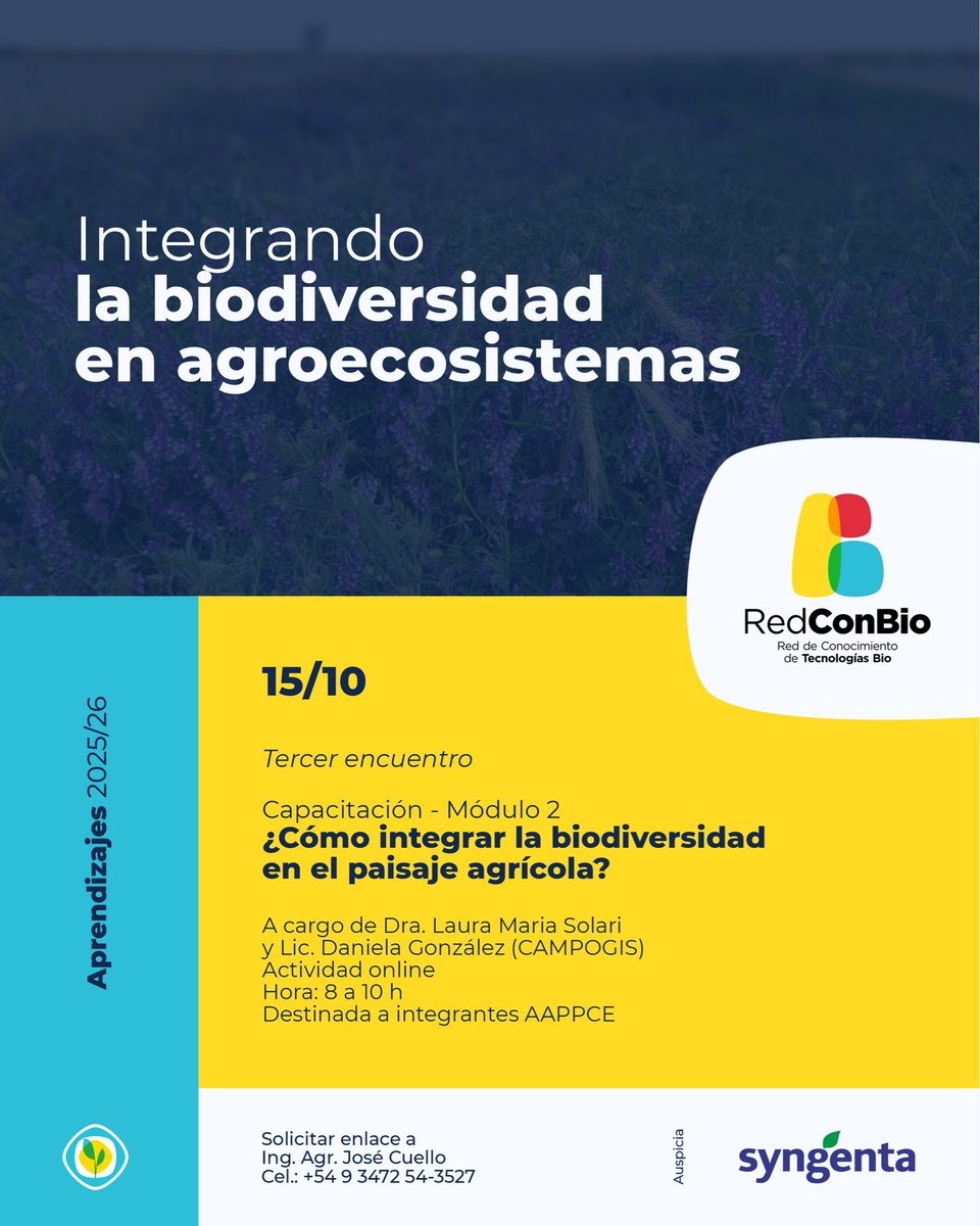 AAPPCE's tweet photo. [Exclusivo para #ComunidadAAPPCE]  

🌱 Más herramientas, más conocimiento, más biodiversidad con #RedConBIO

Junto a CAMPOGIS profundizaremos en herramientas para integrar la biodiversidad de manera planificada en los establecimientos agropecuarios. 🦋🚜

🗓️ 15/10 | 8h

+info 👇 https://t.co/YC7FsX1N0q