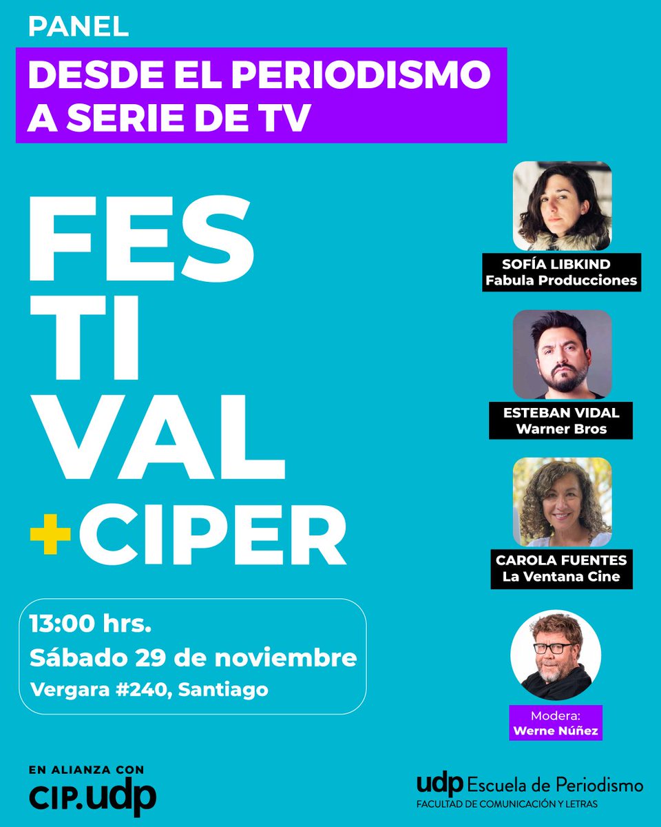 ¿Las series de streaming y televisión son un nuevo nicho para el periodismo de investigación?📺 En #FestivalCIPER Sofía Libkind de <a href="/Fabula_prod/">Fabula</a>, <a href="/EstebanVidal/">Esteban Vidal</a> de Warner Bros y <a href="/carolafuentes/">carola fuentes</a> de <a href="/laventanacine/">La Ventana Cine</a> nos contarán cómo el trabajo periodístico sustenta estas historias.