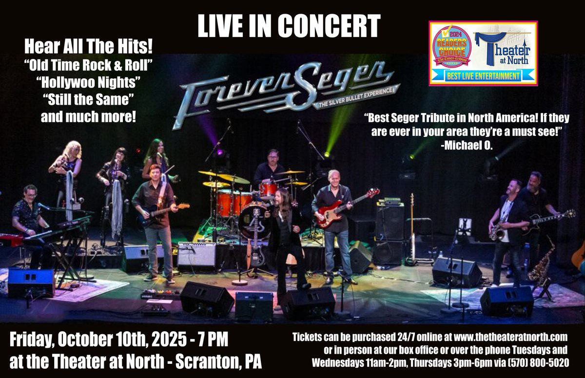 Join us for "Forever Seger" – A Tribute to the Music of Bob Seger on TOMORROW at 7pm at The Theater at North. Tickets are $35-$40 and can be purchased online at thetheateratnorth.org or in person at the box office tomorrow starting at 5pm.