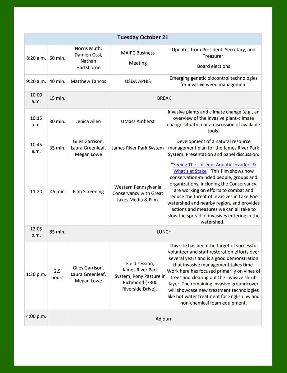 The Mid-Atlantic Invasive Plant Council (MAIPC) has opened registration for its upcoming conference. The 2-day event will take place October 20–21 at the Lewis Ginter Botanical Garden in Richmond, Virginia!

More info + registration ➡️ invasivesfree.org/maipc-conferen…
