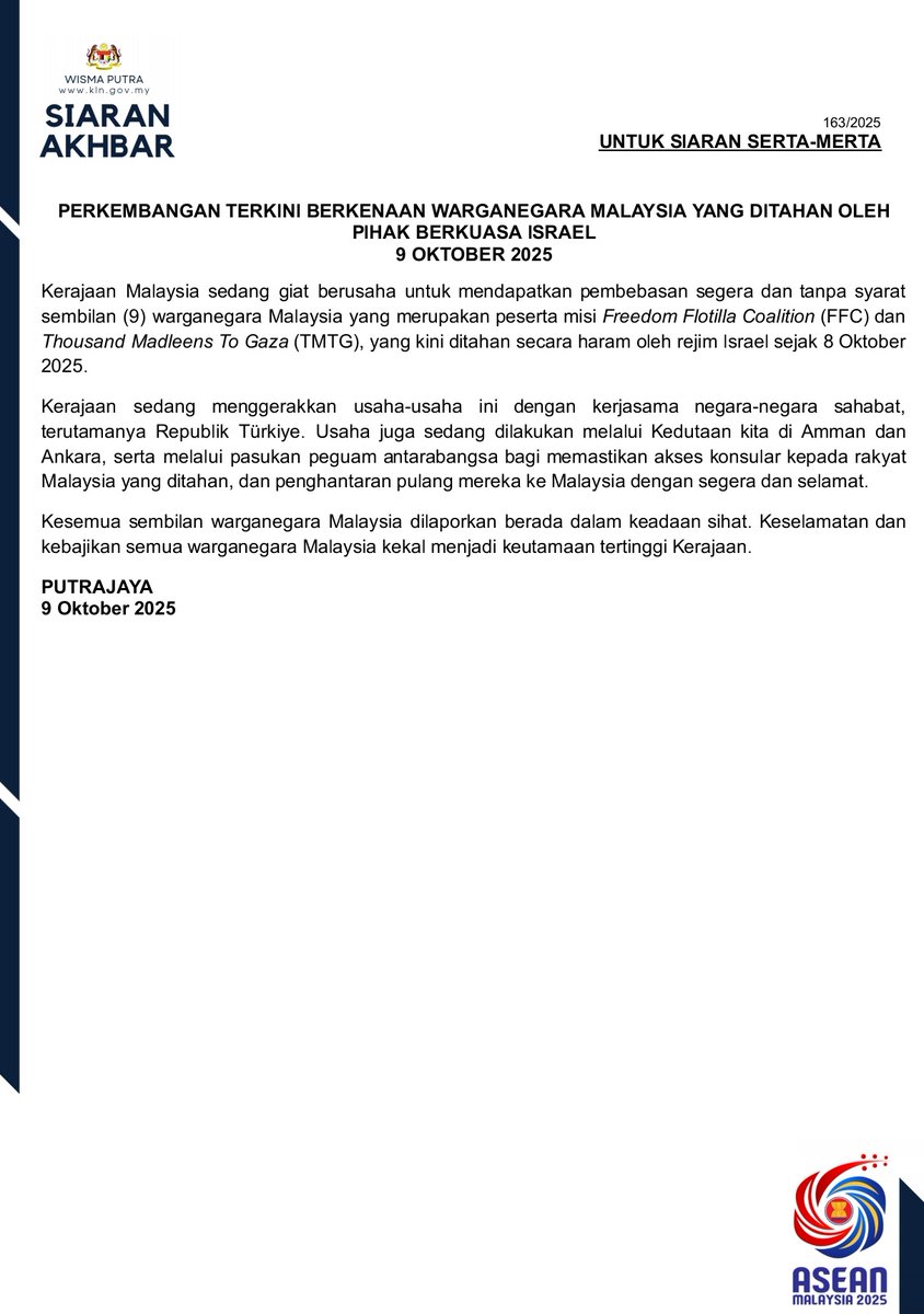 PRESS RELEASE: UPDATE ON MALAYSIAN NATIONALS DETAINED BY ISRAELI AUTHORITIES - 9 OCTOBER 2025