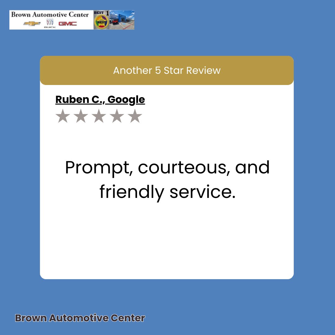 BrownAutoCenter's tweet photo. Your kind words about our prompt and friendly service are valued, Ruben. We are glad your experience was positive and look forward to helping you again. https://t.co/P5u0BVNHmR