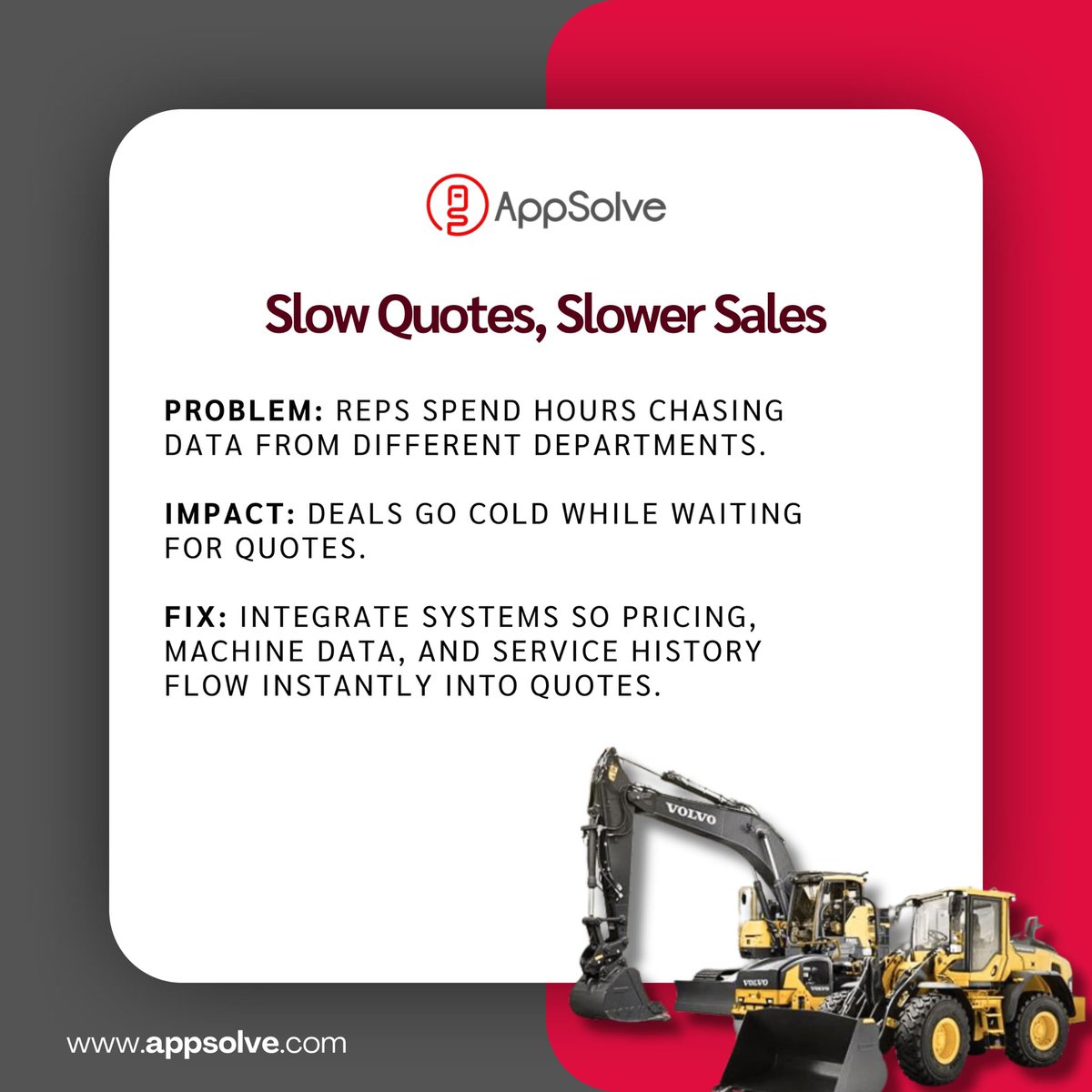 app_solve's tweet image. From lost leads to disconnected data, most dealers don’t realize how much profit slips through the cracks daily.
Let’s fix that. 👇
👉 appsolve.com/salesforce-int…
#EquipmentDealers #SalesforceIntegration #IntelliDealer #CRMIntegration #LeadRouting #ConstructionTech #HeavyEquipment