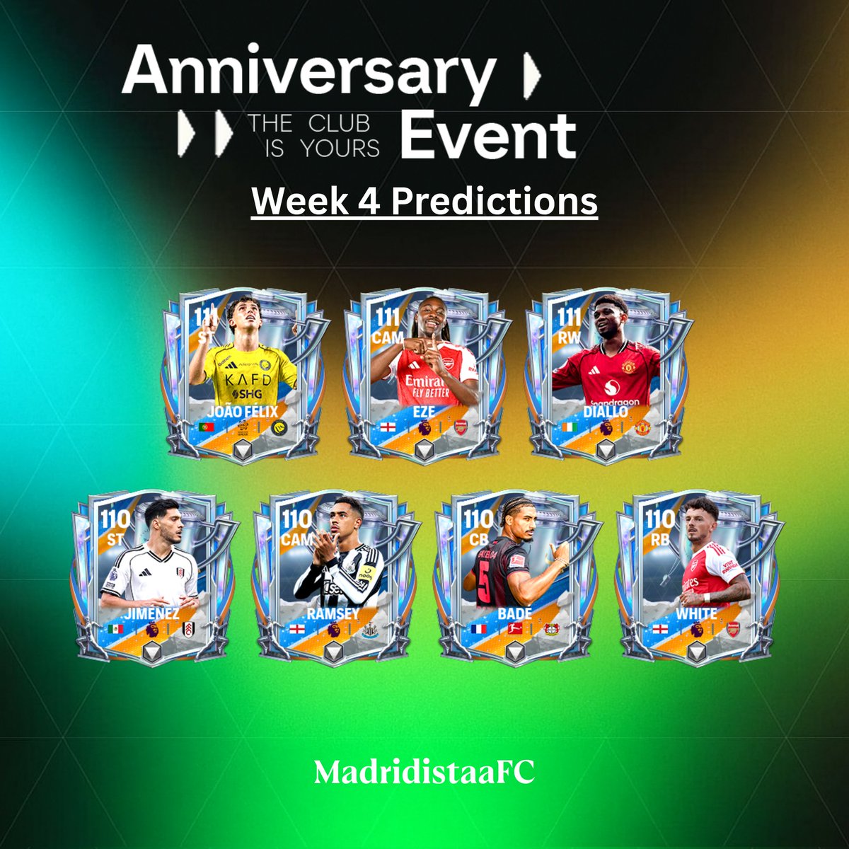 MadridistaaFC's tweet image. ⚡ Four weeks. Countless stars. The final curtain falls.
The Anniversary event reaches its end. 🎇

Week 4 Predictions are here! 👀

#FCMobile #Anniversary #Week4 #Predictions