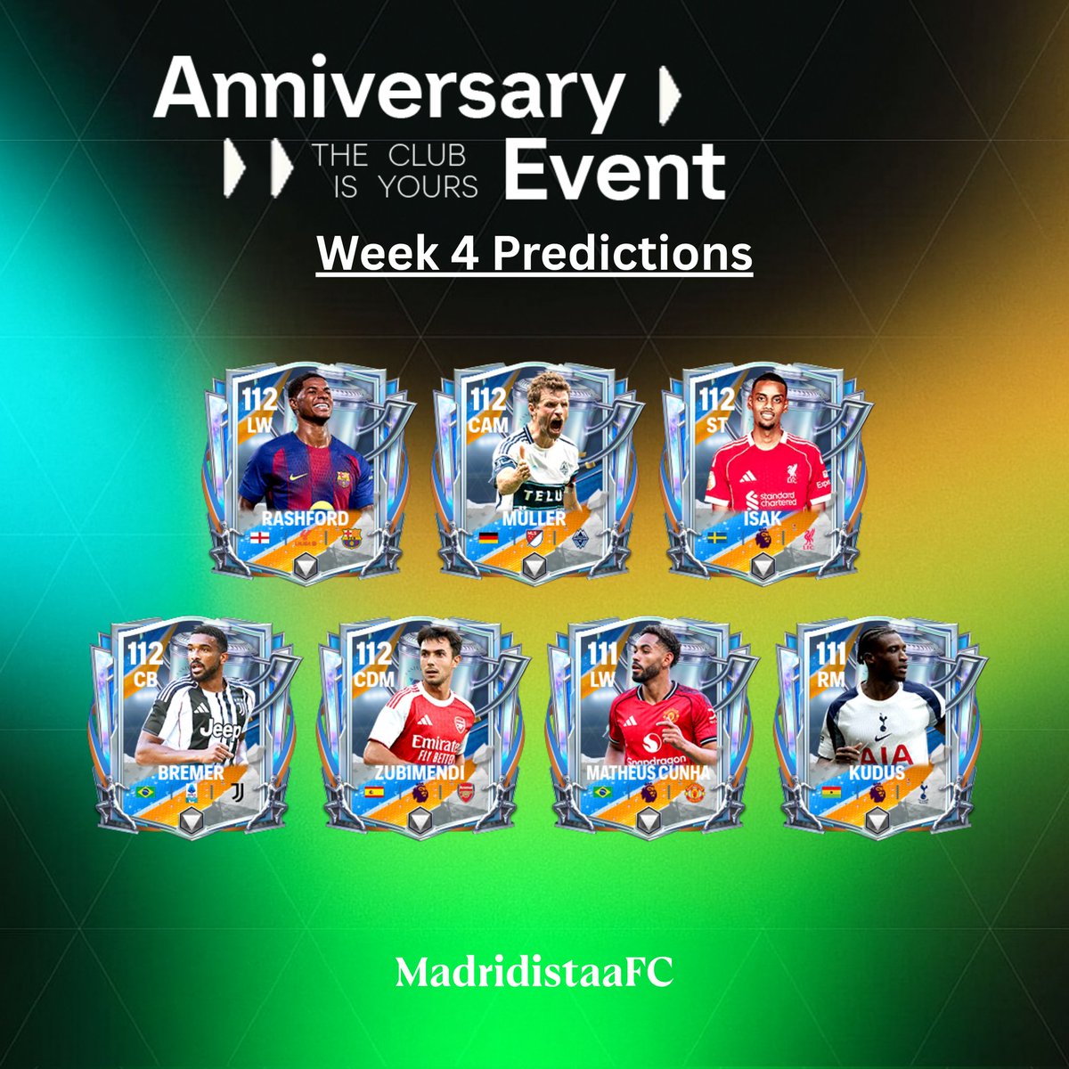 MadridistaaFC's tweet image. ⚡ Four weeks. Countless stars. The final curtain falls.
The Anniversary event reaches its end. 🎇

Week 4 Predictions are here! 👀

#FCMobile #Anniversary #Week4 #Predictions