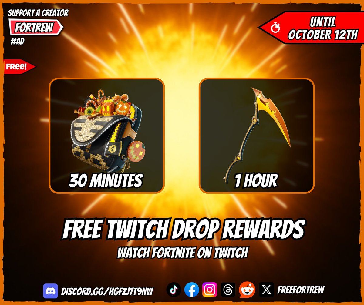 freefortrew's tweet photo. Free Twitch Drop Rewards

Watch Fortnite on Twitch.

🏆 Rewards:
• "Treat Sack" Backbling (30 minutes)
• "Treat Axe" Pickaxe (1 hour)

🔗 Link:
https://t.co/dzLGxwcgTm

📅 Available from now until October 12th at 11:59 PM ET. https://t.co/HtgVgDuyA8