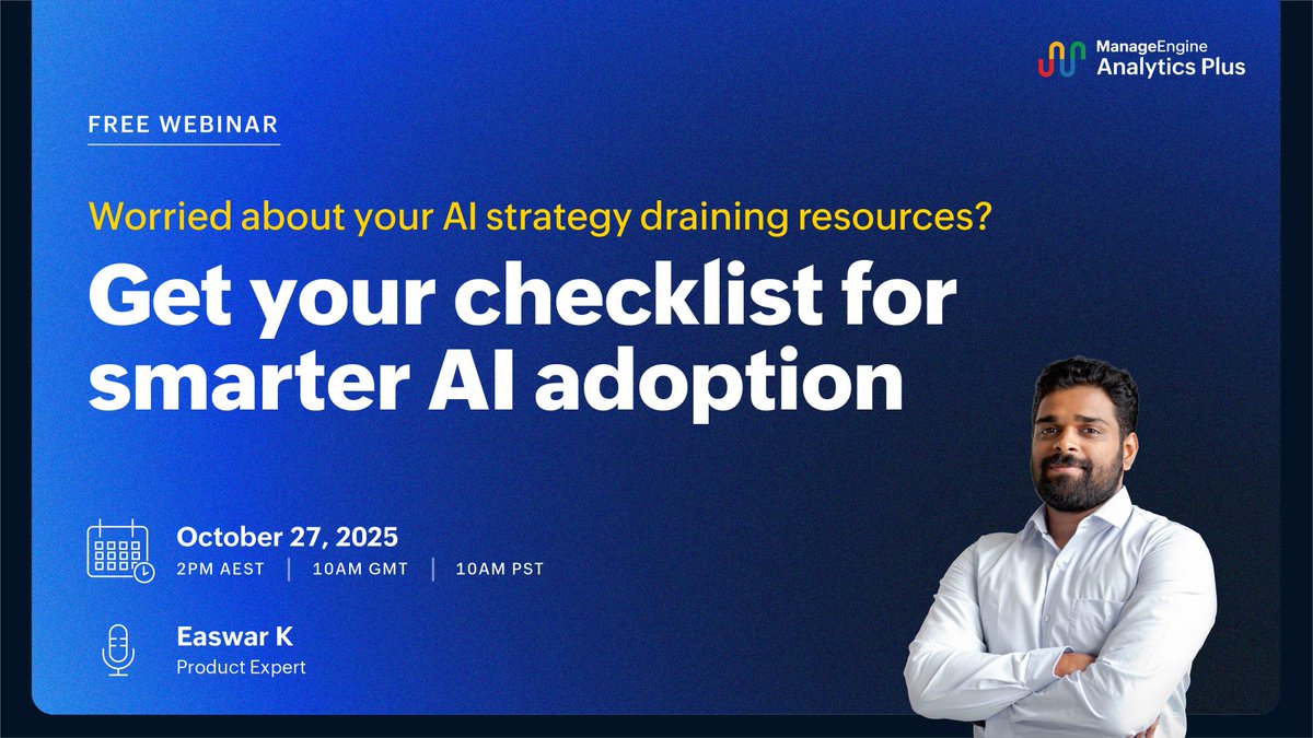 manageengine's tweet image. Without a structured roadmap, enterprise AI adoption can turn into a costly gamble. Overcome common deployment bottlenecks and explore how AI-powered analytics solves IT&apos;s toughest operational challenges. Register today. 
mnge.it/teZKF
#GenAI #AIOps