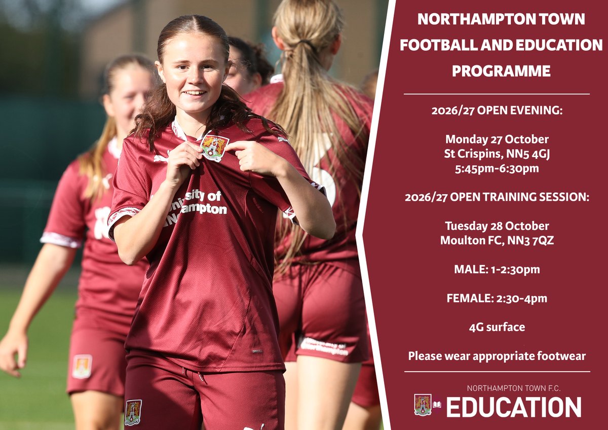 👩‍🎓 The <a href="/NTFC_FEP/">Northampton Town FEP</a> are holding an open evening and open training session for their 2026/27 intake later this month!

Fill in the form below to confirm your attendance! ⬇️

forms.gle/sj554Y3ZbuYsmw…

#ShoeArmy 👞