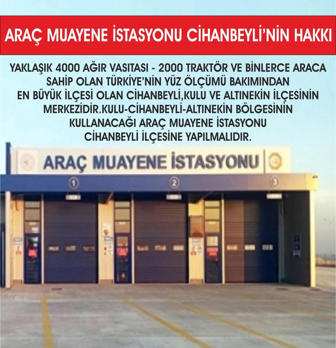 Cihanbeylituz's tweet photo. Cihanbeyli' de  Vatandaşlar Tüv Türk Muayene İstasyonu İstiyor. https://t.co/F94LURMRl2