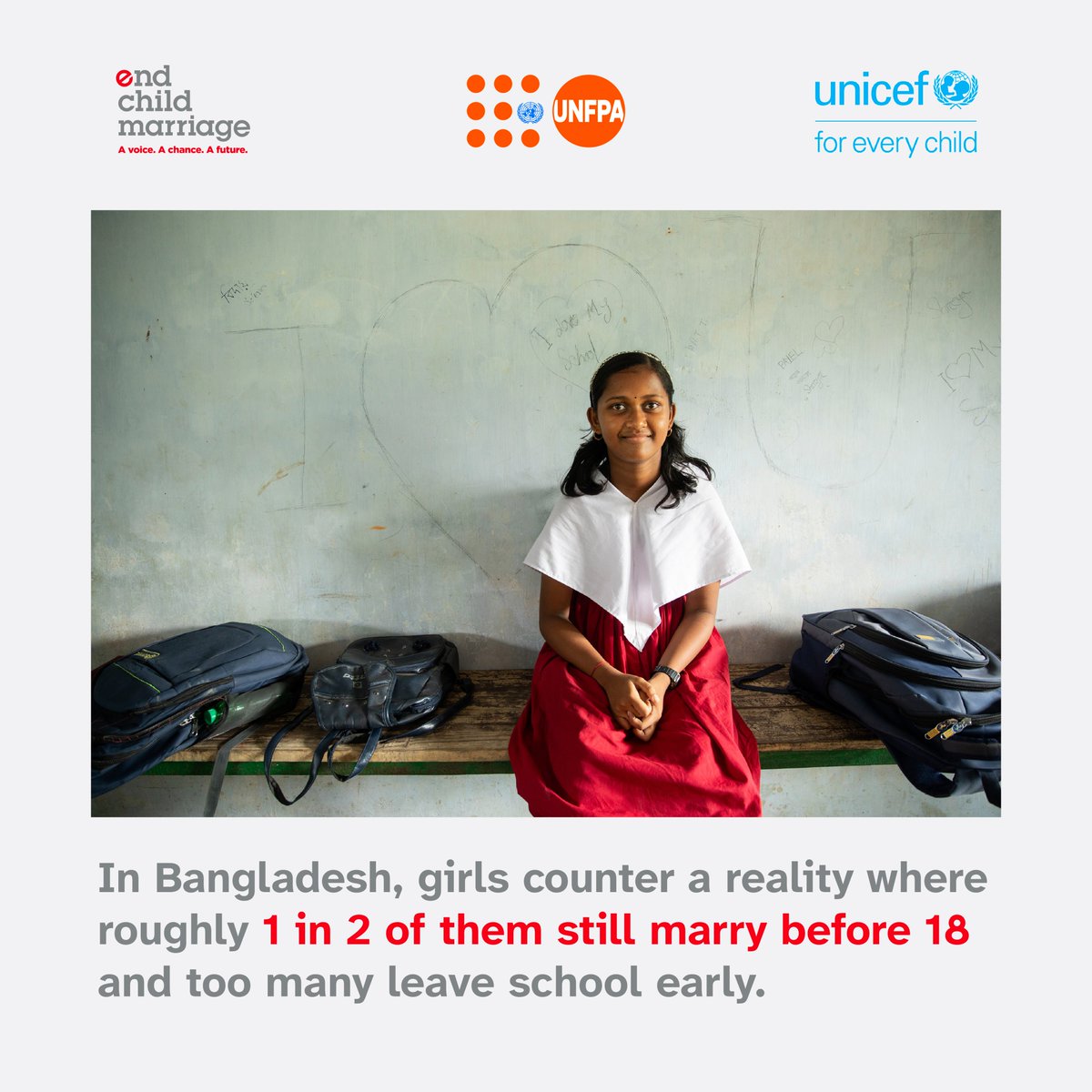 UNFPABangladesh's tweet photo. In Bangladesh, 1 in 2 girls still marry before 18, often forced to leave school early. Early marriage fuels poverty and limits their future. Let’s ensure every girl learns, thrives, and chooses her own path. 💪🎓
#EndChildMarriage #GPECM https://t.co/jPHToldkYR