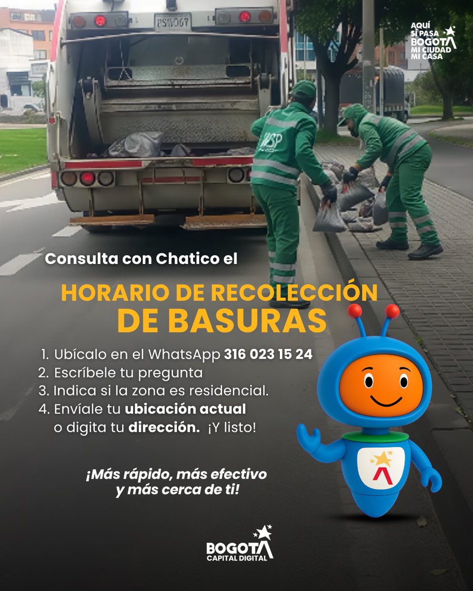¿En tu barrio sacan la basura de día o de noche? Chatico te lo dice:

Escríbele 316 023 1524, 📍comparte tu dirección o ubicación y recibe:
✅ Día, hora y frecuencia de recolección
✅ Consejos para separar residuos
✅ Recomendaciones para escombros y reciclaje
