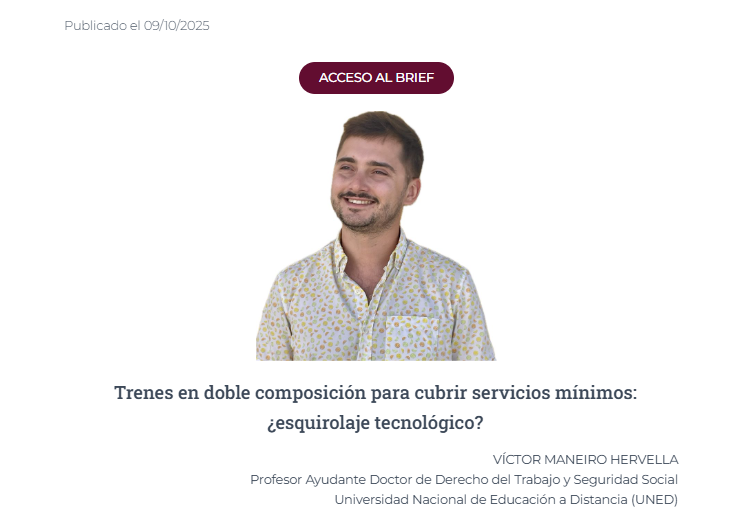 AEDTSS's tweet photo. Se ha publicado un nuevo brief AEDTSS:
"Trenes en doble composición para cubrir servicios mínimos: ¿esquirolaje tecnológico?" a cargo de Victor Maneiro Hervella. 🚃🚃

Disponible en el siguiente enlace: https://t.co/KKCoOaX2wP https://t.co/KiHNMmCFUM