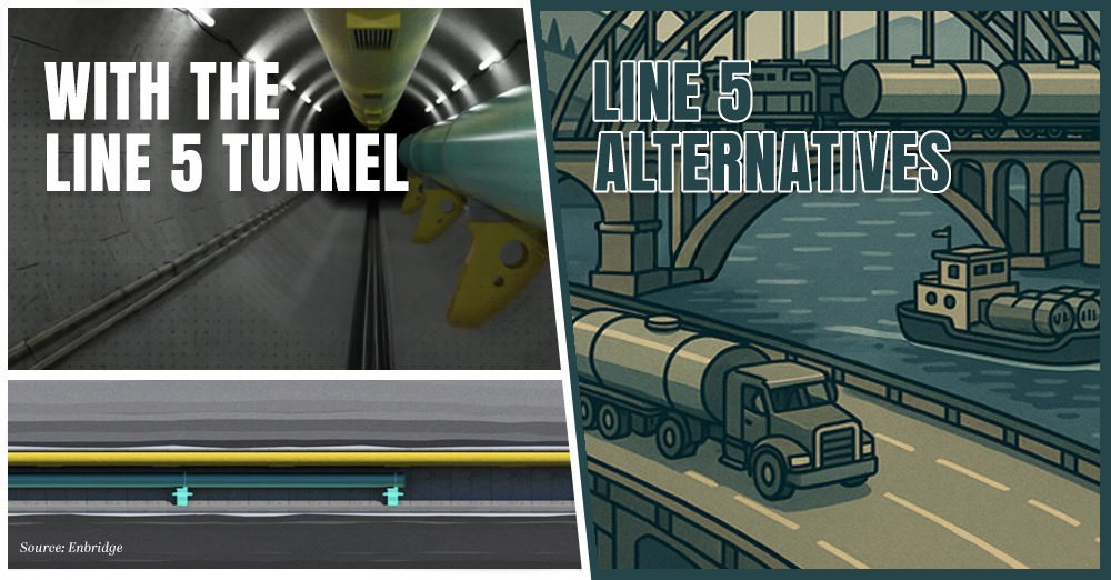 MackinacCenter's tweet image. Michigan needs Line 5 to heat homes and fuel businesses, but opponents attack the pipeline and its proposed protective measures for being unsafe. What’s safer: moving oil and gas products with a pipeline encased in a concrete tunnel and buried deep underground, or with trucks on…