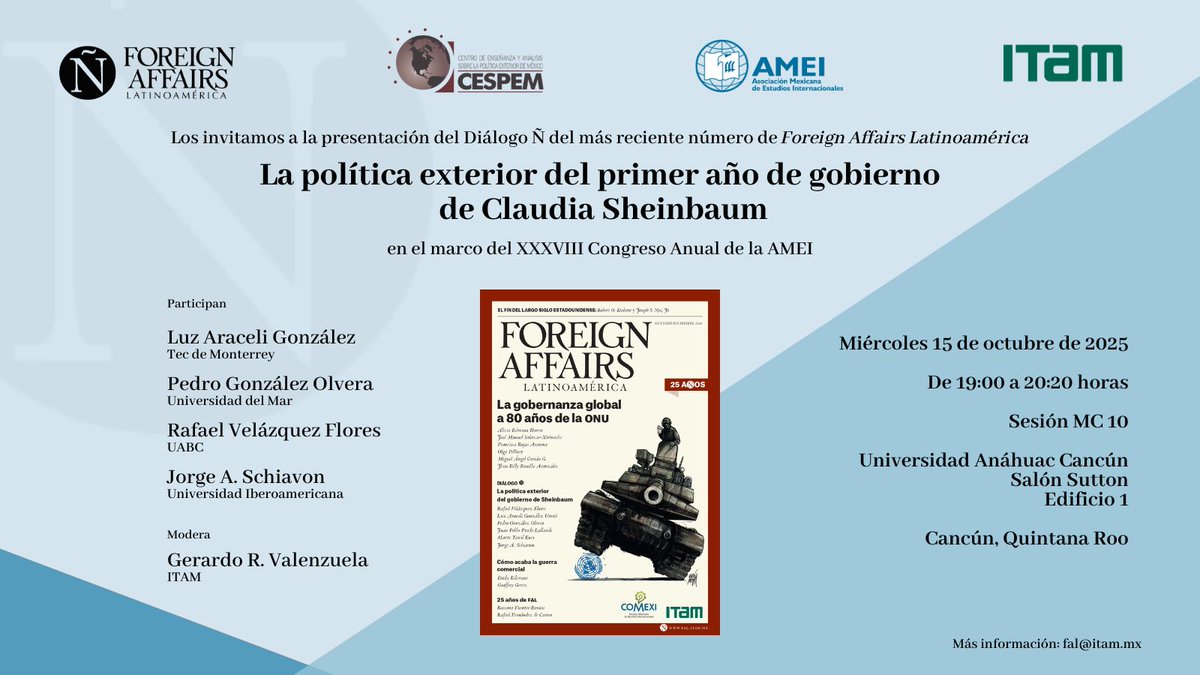 Si asistes al XXXVIII Congreso Anual de la AMEI (<a href="/amei_mx_oficial/">AMEI</a>), te invitamos a participar en la presentación del Diálogo Ñ de la #NuevaFAL "La política exterior del primer año de gobierno de Claudia Sheinbaum", con la participación del Luz Araceli González (<a href="/laguresti/">Luz Araceli Gonzalez Uresti</a>), Pedro