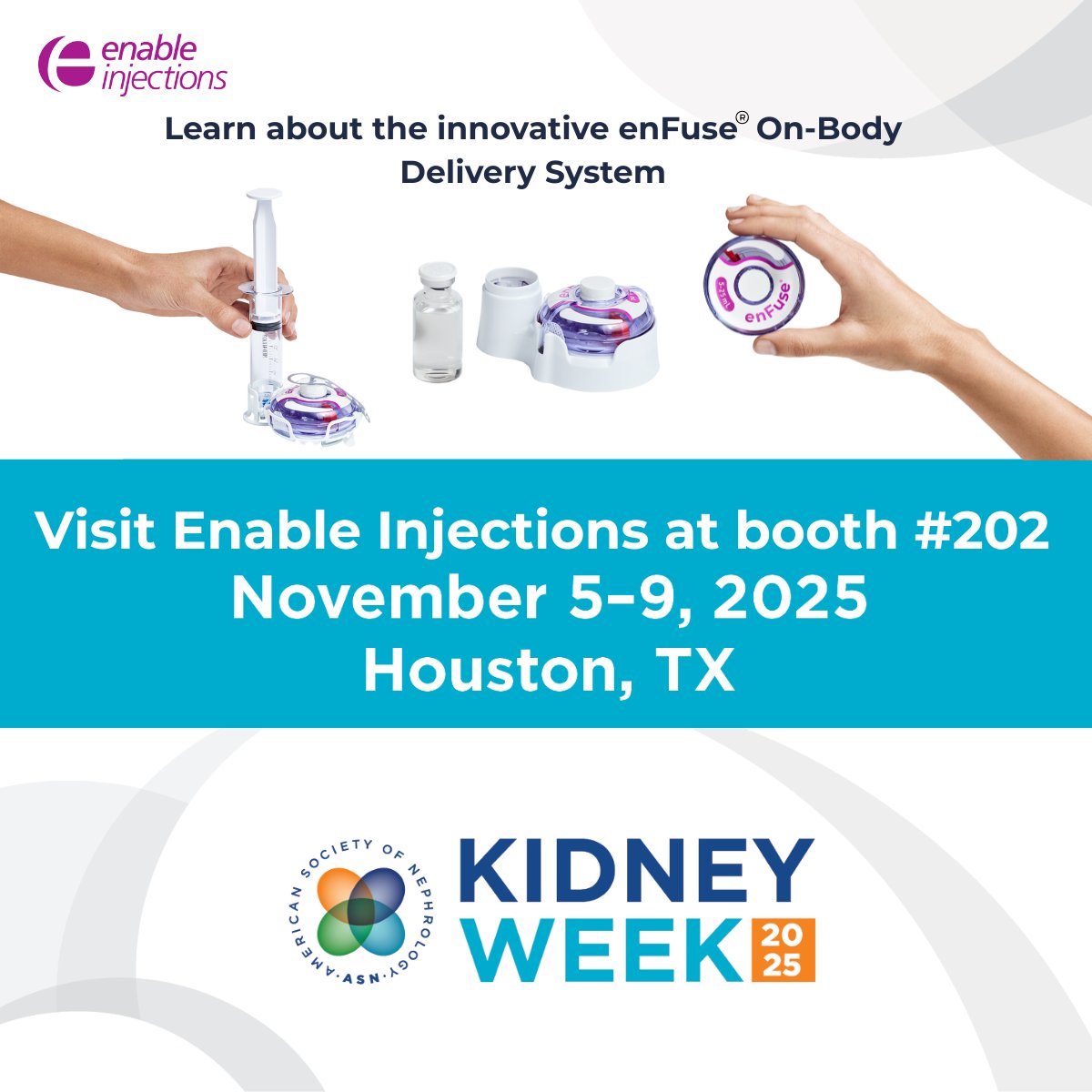 #KidneyWk, hosted by the American Society of Nephrology (ASN) is only a month away! If you’re attending, stop by Booth 202 for a demonstration of our enFuse system or contact us to set up a meeting: lnkd.in/eKacC7Xp 
 
 #DrugDelivery #largevolume #enFuse