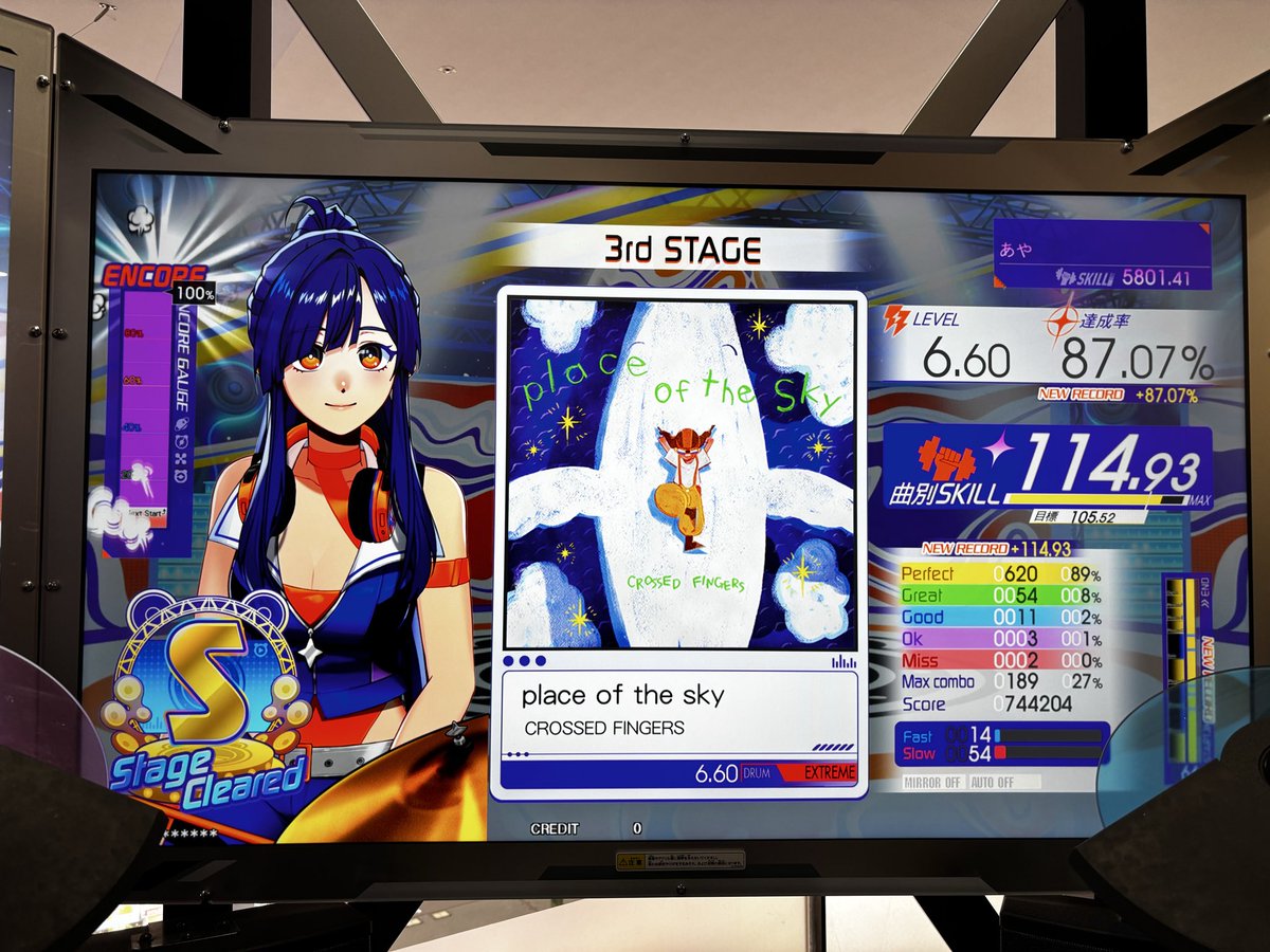 新曲 place of the sky🥁
もうちょいできそうな気がした！！！
そしてついに5800まで来たああ\(*ˊᗜˋ*)/

今作で赤頑張りたい！！！
 #GITADORA