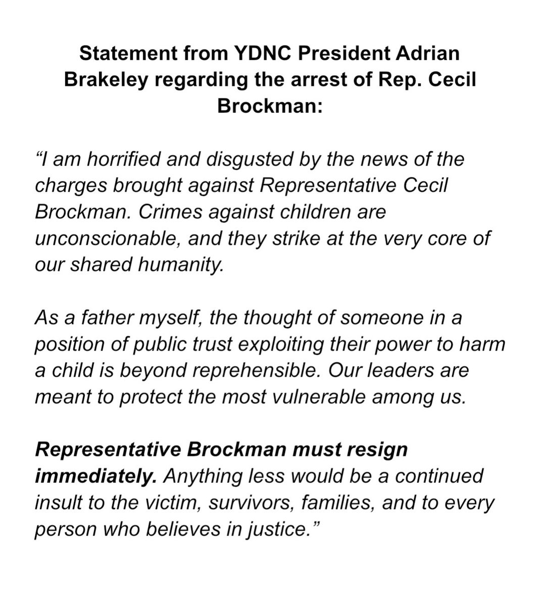 Statement from YDNC President Adrian Brakeley regarding the arrest of Rep. Cecil Brockman ⬇️ #ncpol