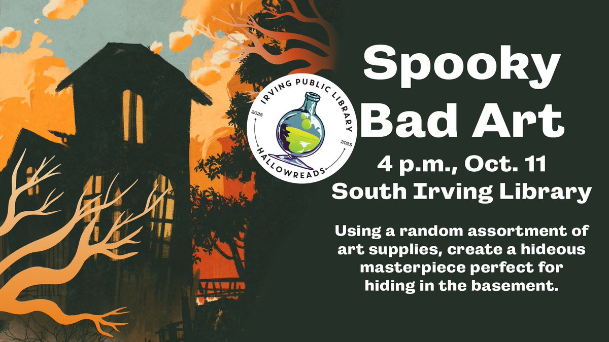 irvinglibrary's tweet image. The library&apos;s system is undergoing an upgrade, but programs continue as scheduled! Adults can enjoy our newest book club, the Sleepy Hollow Society at 6 p.m., tonight, Oct. 9 at South. Adults are also invited to create Spooky Bad Art at 4 p.m., Oct. 11 at South. #IrvingLibrary
