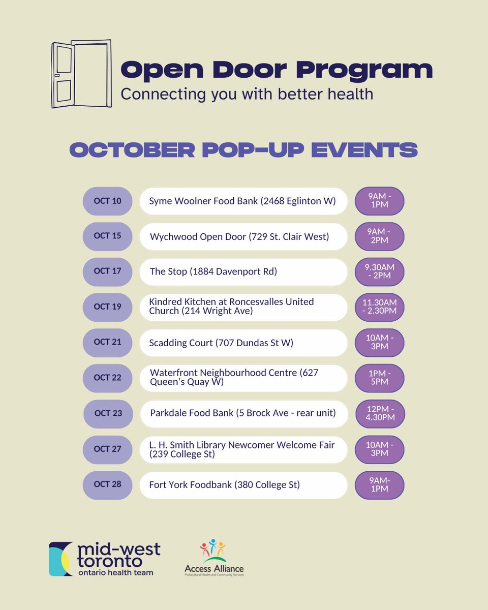 Open Door brings health services directly into the community.

Visit pop-up clinics for:
• Free blood pressure checks
• Help finding a family doctor
• Reliable info on vaccines, cancer screening, and more

No health card or appointment needed. midwesttorontooht.ca/open-door