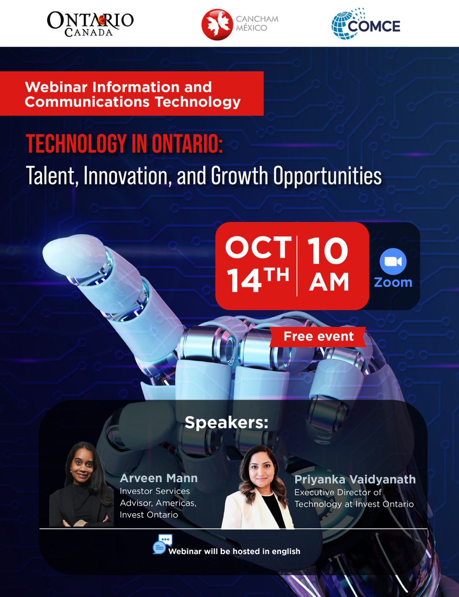 #MesdeOntario 🚀

¿Tu mercado es en Tecnología? ¡Este webinar es para ti!

Conocerás a 💼 expertos de @InvestOntario

📅14 oct – 10 am CDMX
🔗Regístrate: tinyurl.com/2e4r2ess
🌍 Evento en inglés