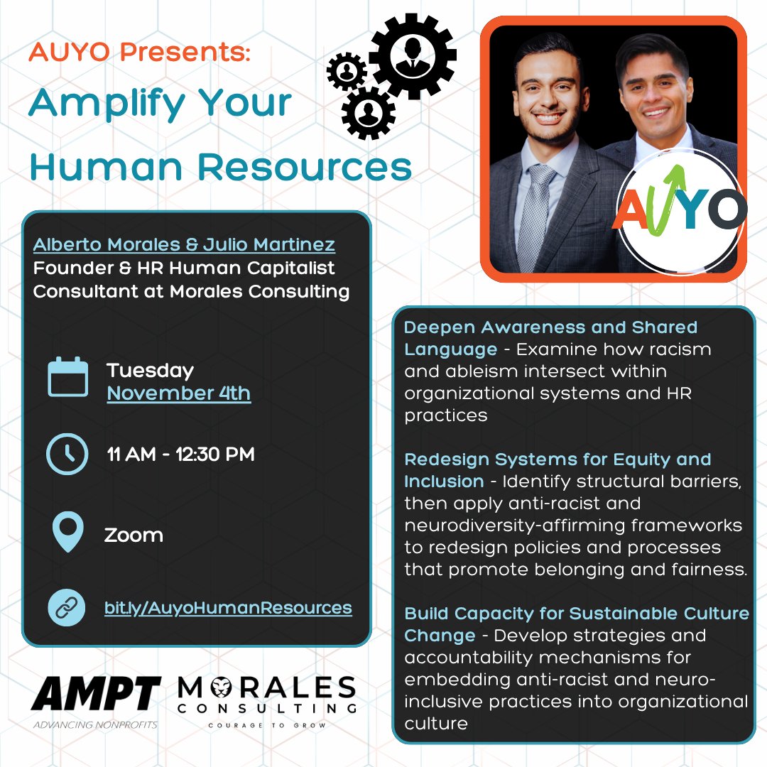 AMPT Up Your Org this November with Amplify Your Human Resources!

This free virtual event will take place Tuesday, November 4th at 11 AM.

Register now at bit.ly/AuyoHumanResou…

#AUYO #Workshop #HumanResources