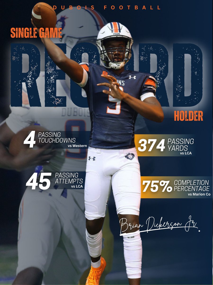 Records are meant to be broken. 

Brian Dickerson Jr currently holds 4 single game passing records. 

Diontae Bennett currently holds 2 single game defensive records. 

#JoinThePride #DuBoisFootball