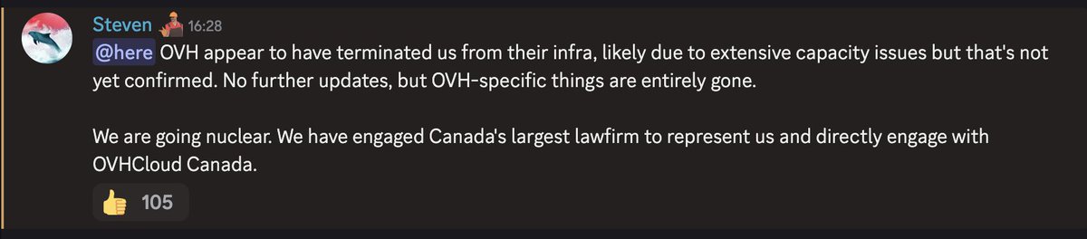 IntCyberDigest's tweet image. 🚨 TCPShield's infrastructure is down.
They're a DDoS mitigation provider for game servers, used by over 50,000 Minecraft networks for DDoS protection and network security.
Their supplier, OVHCloud, has completely cut them off.