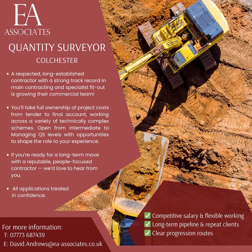 Exciting new opportunity for a Quantity Surveyor!

For more information, contact David Andrews on 07773 687439 or david.andrews@ea-associates.co.uk.