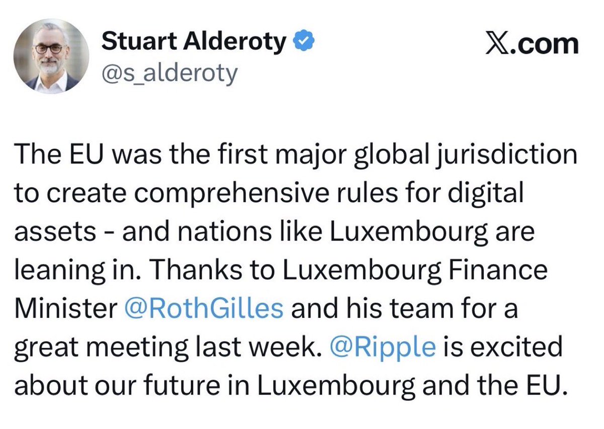 🚨BREAKING: <a href="/Ripple/">Ripple</a> lawyer - Stuart Alderoty says that the Ripple team met with Luxembourg Finance Minister Roth Gilles last week! 

💥#XRP IS A DONE DEAL💥