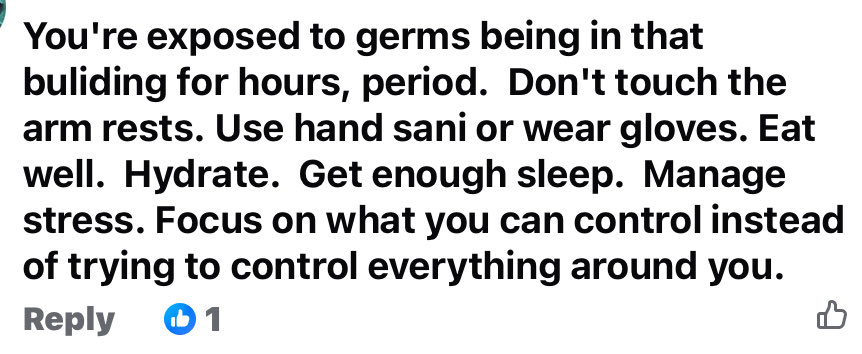 ChristineGuent8's tweet photo. It’s the “chairs” that are making people sick. 🙄Massive public health failure, #DrHenry, and a reason why a mask mandate in Healthcare is necessary. Washing hands is important. Masking even more so! #WearAMask #CleanAir #WashHands @josie_osborne @CDCofBC @IPACCanada https://t.co/TubAHduaEr