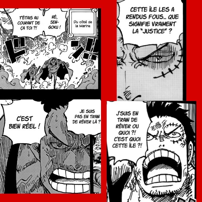 🐶 GARP BEAT THE ALLEGATIONS ?! 🐶

We finally see Garp questioning what is happening in God Valley and even had an inner monologue about ‘Justice’.

For the non-French speakers, here’s the translations :

‘Hey Sengoku, did you knew ?’
‘I’m not dreaming right ? This is REAL’