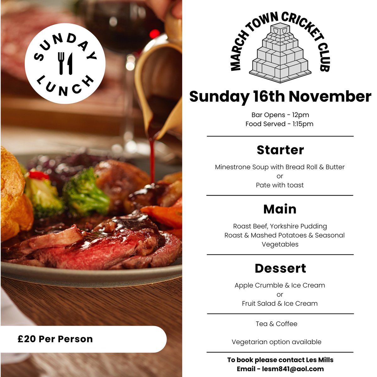 March Town CC (@marchtowncc) on Twitter photo π½οΈ MTCC Sunday Lunch π½οΈ
ποΈSunday 16th November
π· Β£20 per person 
ποΈ Please book your reservation with our club Secretary, Les Mills and include your starter & dessert menu choices ποΈ
We look forward to seeing you there!
#MTCC #MarchTownCricketClub #SundayLunch π½οΈ MTCC Sunday Lunch π½οΈ
ποΈSunday 16th November
π· Β£20 per person 
ποΈ Please book your reservation with our club Secretary, Les Mills and include your starter & dessert menu choices ποΈ
We look forward to seeing you there!
#MTCC #MarchTownCricketClub #SundayLunch