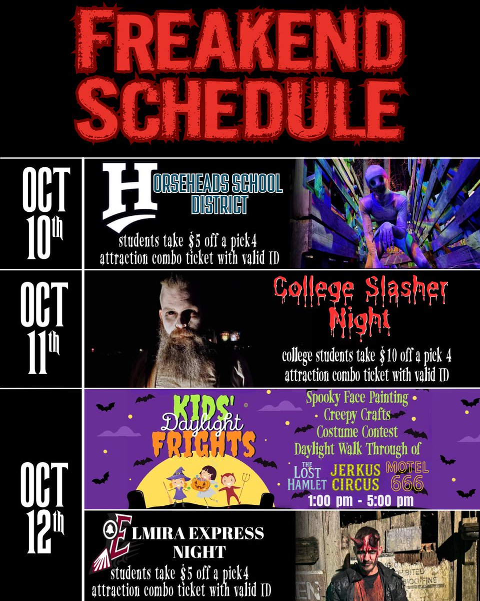 Tagsylvania's tweet photo. 3 nights. 4 haunts. Endless screams. 😈 The 3-DAY FREAKEND is here.

The Fear of the Southern Tier is open Friday, Saturday &amp; Sunday 7–11PM

🎟️ https://t.co/6NrLGuAo7L | who’s coming with you into the dark? Tag them below ⬇️ https://t.co/HjniekzizK