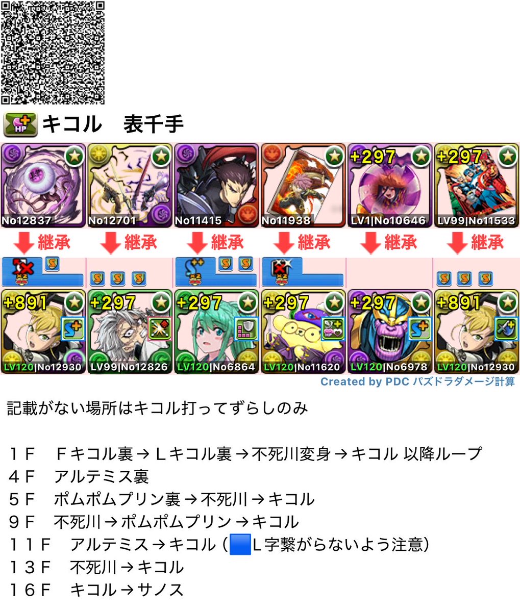 1799_pad's tweet photo. キコル　表千手　周回編成
（絶対に新千手周った方が良い）
#パズドラ https://t.co/BvHcOEECfz
