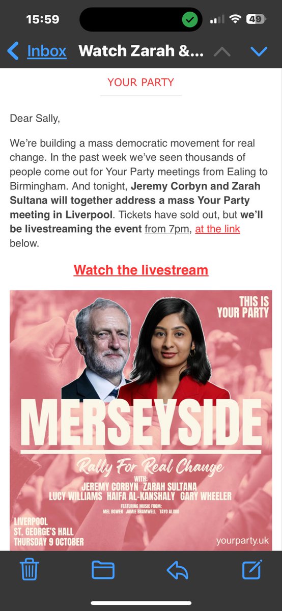 SallyBourliakas's tweet image. #YourParty 
#TheMany
#LeftWing

7pm tonight 
9/10/25
@zarahsultana &amp;amp; @jeremycorbyn 

Live streaming on YouTube
at mass @thisisyourparty meeting in Liverpool

“Rally for Real Change”

Link:

 youtube.com/live/hGJN8PJXj…