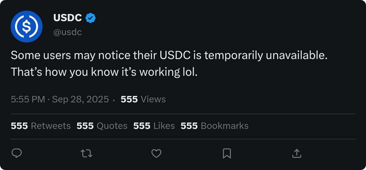 讽刺性的 USDC 推文，关于资产不可用