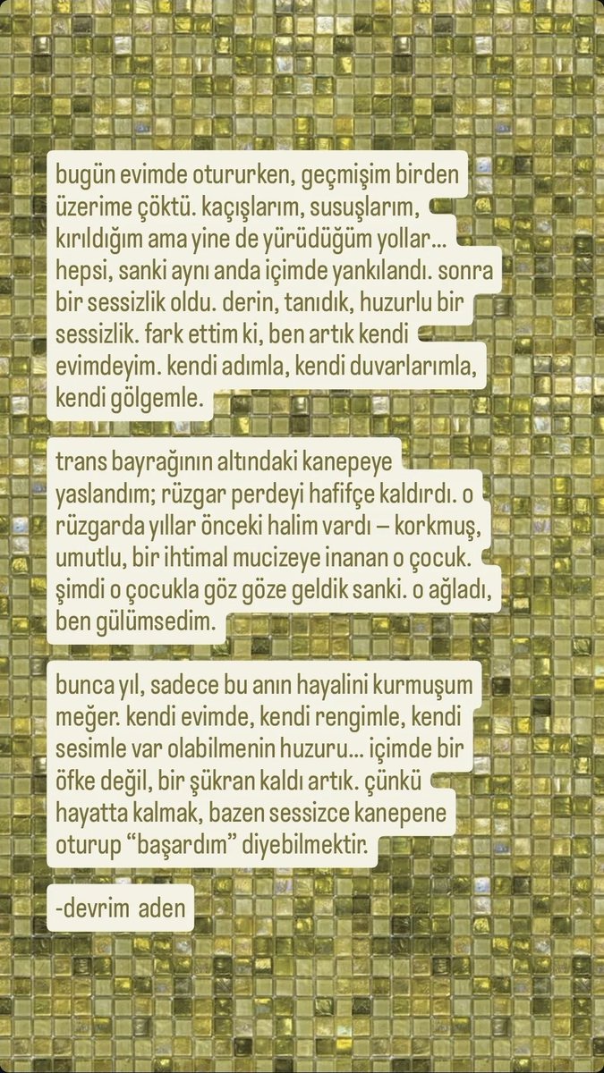 çünkü hayatta kalmak, bazen sessizce kanepene oturup "başardım" diyebilmektir.
