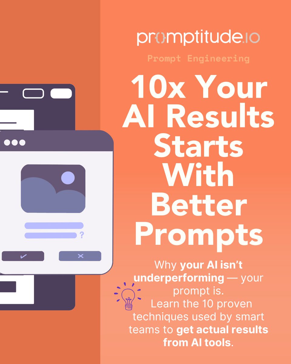 Promptitude_io's tweet image. 🚀 10x your AI results without switching models. The secret? Prompt engineering. Specific context, step-by-step guidance, and clear constraints turn generic outputs into gold. 
Read more &amp;gt;&amp;gt;promptitude.io/post/prompt-en…
#AI #PromptEngineering #Productivity