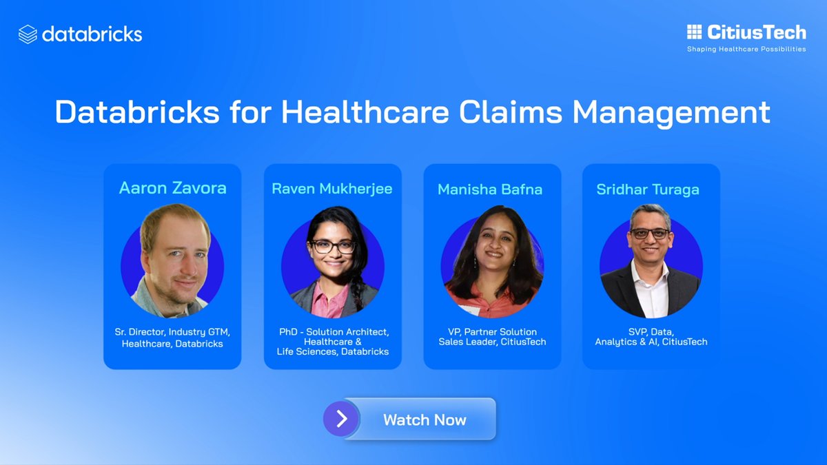 CitiusTech's tweet image. What’s slowing smarter decisions in healthcare?
Sridhar Turaga, SVP at CitiusTech, joins the @CitiusTech x @databricks webinar to unpack how modern data platforms enable decision-grade intelligence.
Explore now: bit.ly/4nHIoYi
#HealthcareData #CitiusTech #Databricks