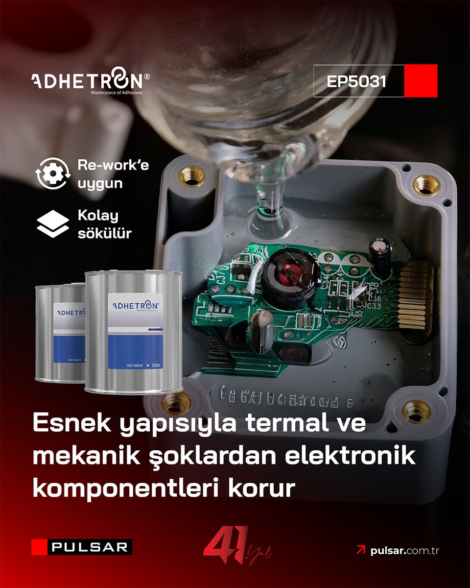 EP5031, düşük viskoziteli ve yüksek şeffaflığı olan elektronik sınıfı çok esnek elastomerik tip bir epoksi yapıştırıcı, dolgu, kaplama ve döküm malzemesidir.

#pulsarkimya #kimya #adhetron #ep5031 #yapıştırıcı #dolgu #kaplama