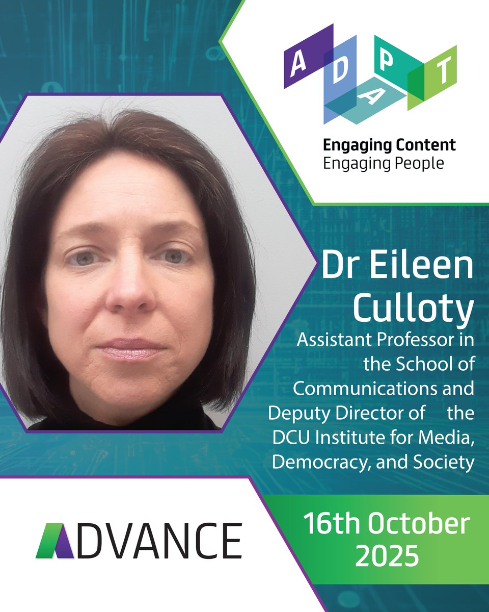 AdaptCentre's tweet image. 🚨 ADVANCE 2025 Speaker Announcement 🚨
We’re excited to welcome Dr Eileen Culloty to ADVANCE 2025, the ADAPT Research Ireland Centre’s flagship industry and policy forum, taking place next week.
🔹 Dr Eileen Culloty is Assistant Professor in @DCU_SoC and Deputy Director of…