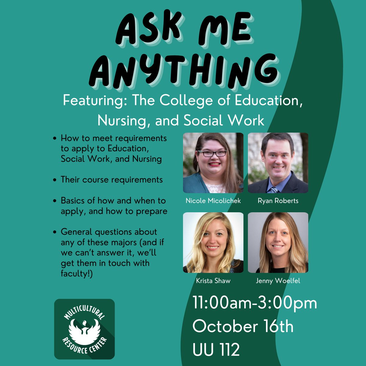 Our academic friends from UW-Green Bay - College of Health, Education and Social Welfare are coming to spend time in the MRC on Thursday, October 16!
Come learn about applying to various programs (nursing, education, social work), and more!
<a href="/advising/">UW-Green Bay Academic Advising</a>