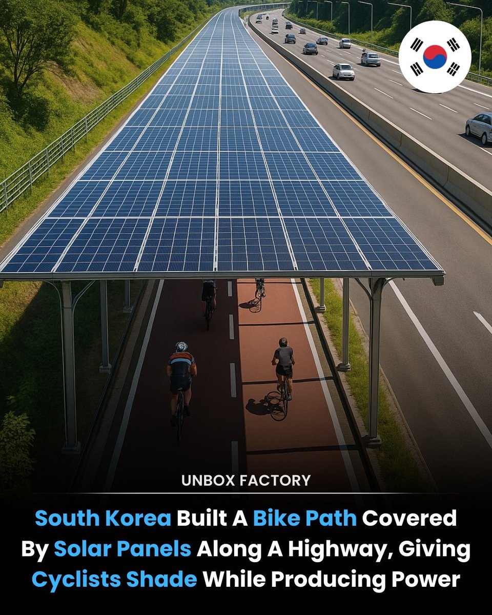 KaviArangam12's tweet photo. #SouthKorea #SolarBikePath #SustainableTransport #CleanEnergy #Innovation
In South Korea, engineers created one of the most innovative renewable energy projects in transportation—a bike path covered entirely by solar panels that runs between major highways. Stretching more than 30 kilometers, the path not only generates clean electricity but also provides cyclists with shade and protection from rain. It’s a perfect blend of sustainability, mobility, and urban comfort.
The solar roof produces enough energy to power nearby homes, electric vehicle charging stations, and even lighting for the highway itself. What makes it unique is that it reuses existing transportation corridors, rather than requiring new land for solar farms. This helps maximize energy production without disturbing natural habitats or agricultural areas.
The project has attracted global attention as a model for multi-functional infrastructure. Other countries could replicate it along highways, canals, or public walkways. By integrating renewable energy with transport systems, South Korea shows that smart design can reduce emissions, encourage cycling, and expand renewable capacity all at once.