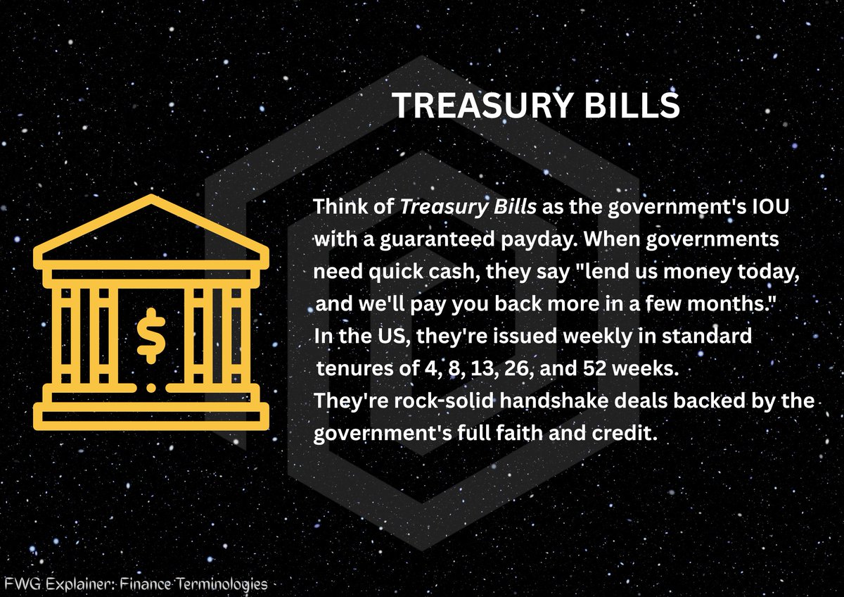 futurexwealth's tweet image. TREASURY BILLS

T-Bills are the government’s IOU with a guaranteed payday.

Perfect for savvy investors!

Learn more and boost your financial know-how.

#FWGExplainer #FinanceTerminologies #TreasuryBills
#InvestSmart