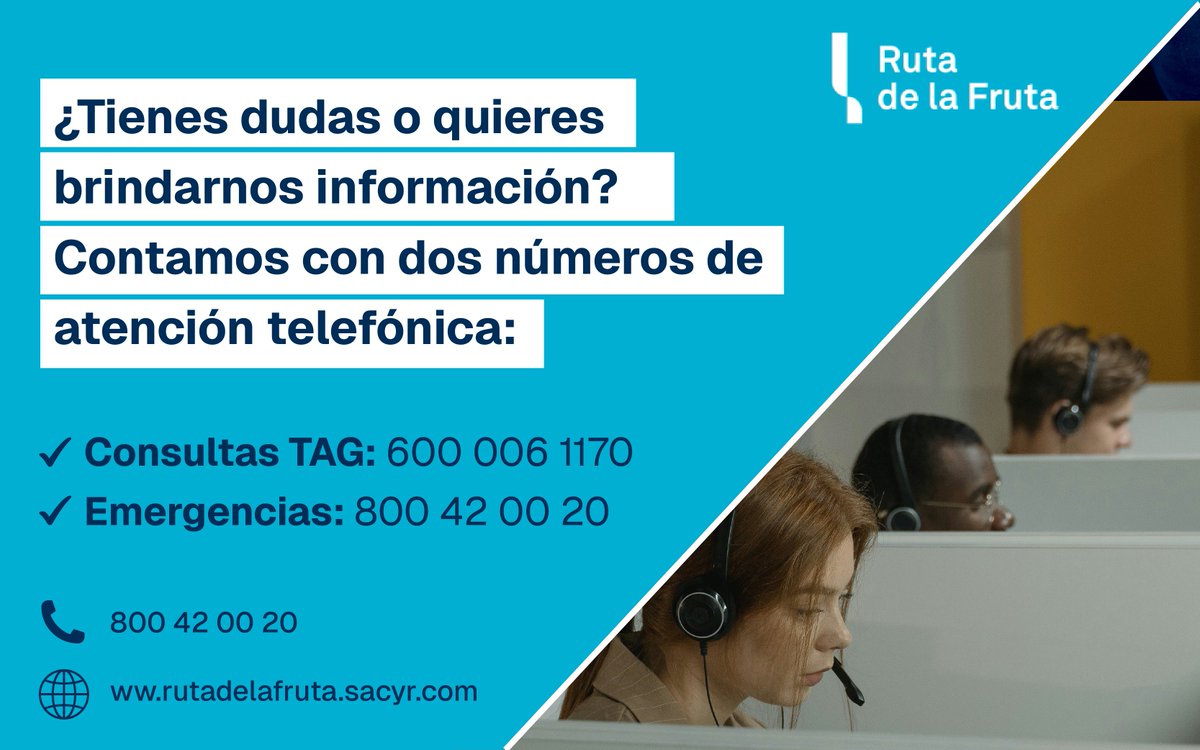 CaminoDeLaFruta's tweet image. Estamos disponibles para responder tus consultas y requerimientos.  

📞Para dudas sobre TAG, comunícate al 600 006 1170. 

📞Para dudas sobre el proyecto o contingencias en ruta, llámanos al  800 42 00 20. 

#RutadeLaFruta #TAG #FreeFlow #Ruta66 #CarreteradeLaFruta