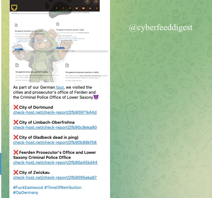 cyberfeeddigest's tweet image. 🚨 #Noname057 Hits #Germany — New Wave of #DDOS Attacks
The pro-Russian group targeted several German municipal &amp;amp; law sites, including:
❌ City of Dortmund
❌ Limbach-Oberfrohna
❌ Zwickau
❌ Gladbeck
❌ Lower Saxony Police
Defanged: check-host[.]net/reports/2fb90971k44d And more