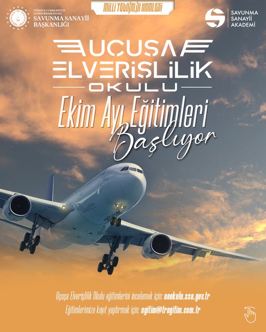 First image displays a promotional graphic with Savunma Sanayii Akademi logo, title Uçuşa Elverişlilik Okulu Ekim Ayı Eğitimleri Başlıyor in bold letters, background of a white passenger airplane flying at sunset with orange sky and clouds, and website link at bottom. Second image shows another graphic with same logo and title, listing specific courses like Tasarım Örgützasyonu Yönetimi (DOY) 8-10 Ekim, RTCA DO-160 Ekipman Çevresel Sınama Kalifikasyonu 13-14 Ekim, Hidromekanik Sistemler FIRG 15-16 Ekim, and Süreklilik Uygulamaları Güvenilirlik FMEA 20-22 Ekim and 23-24 Ekim, against a cloudy sky background with website details.