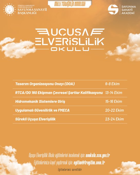 First image displays a promotional graphic with Savunma Sanayii Akademi logo, title Uçuşa Elverişlilik Okulu Ekim Ayı Eğitimleri Başlıyor in bold letters, background of a white passenger airplane flying at sunset with orange sky and clouds, and website link at bottom. Second image shows another graphic with same logo and title, listing specific courses like Tasarım Örgützasyonu Yönetimi (DOY) 8-10 Ekim, RTCA DO-160 Ekipman Çevresel Sınama Kalifikasyonu 13-14 Ekim, Hidromekanik Sistemler FIRG 15-16 Ekim, and Süreklilik Uygulamaları Güvenilirlik FMEA 20-22 Ekim and 23-24 Ekim, against a cloudy sky background with website details.