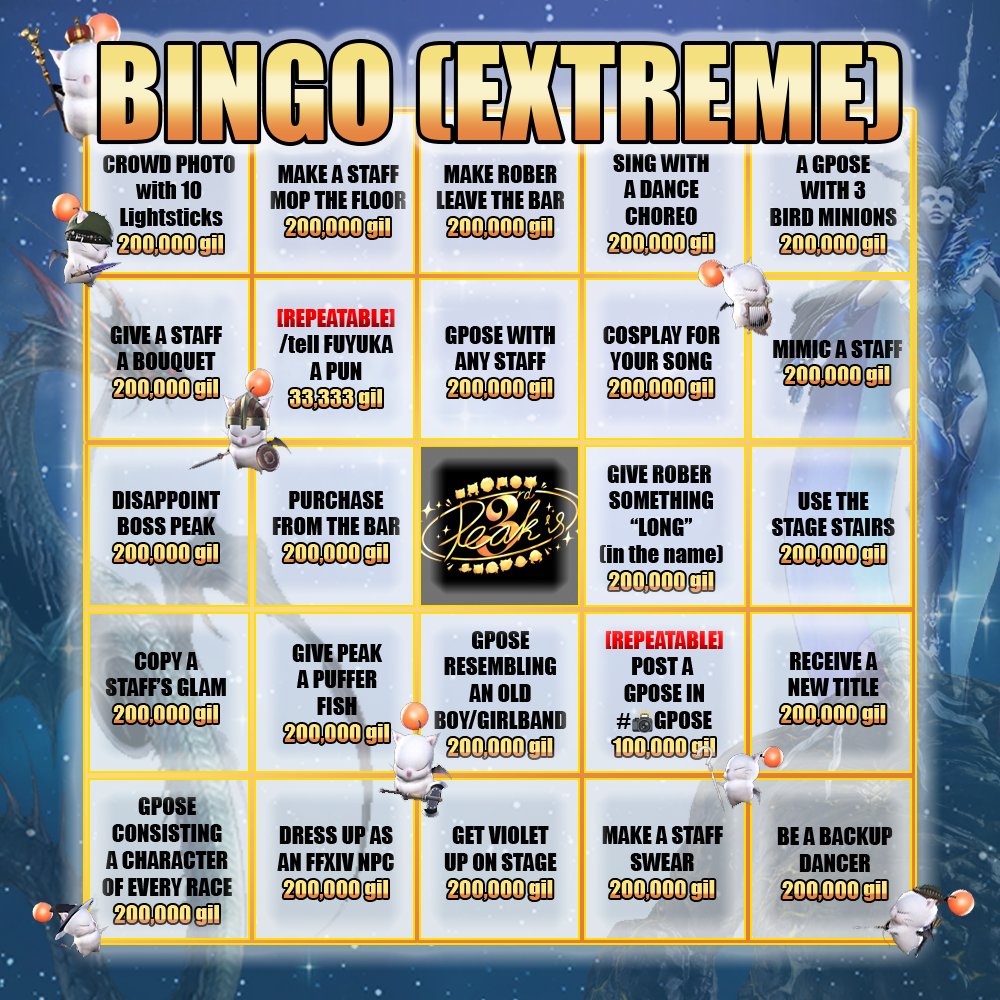 🎉 The #PeaksPub BingoEX board is out~

Looking forward to seeing your in-venue shenanigans during the 3rd Anniversary party tomorrow!

🗓️ 10.10.2025, 7PM (GMT+7)
📍 AEGIS, SHIROGANE, W25 P7
🔗 discord.gg/k87M2AWVg6