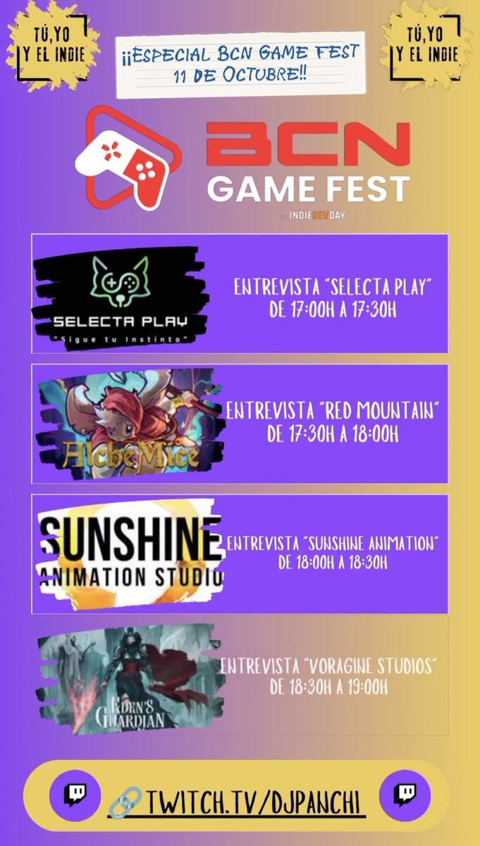 djpanchi1's tweet image. 🎮✨ ¡Este Sábado 11 de octubre te esperamos en el Especial @bcngamefest con un día repleto de entrevistas increíbles a estudios y desarrolladores del mundo indie en directo por Twitch...
📍Dónde:
twitch.tv/djpanchi
📆 Cuándo: Sabado 11 de octubre
🕛 Horario: De 12:30h a…